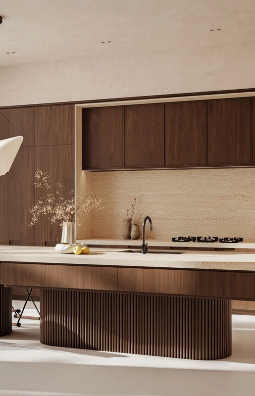 Caesarstone 551 Travina Porcelain modern kitchen with large island, built-in oven, gas stove, and floor-to-ceiling windows.